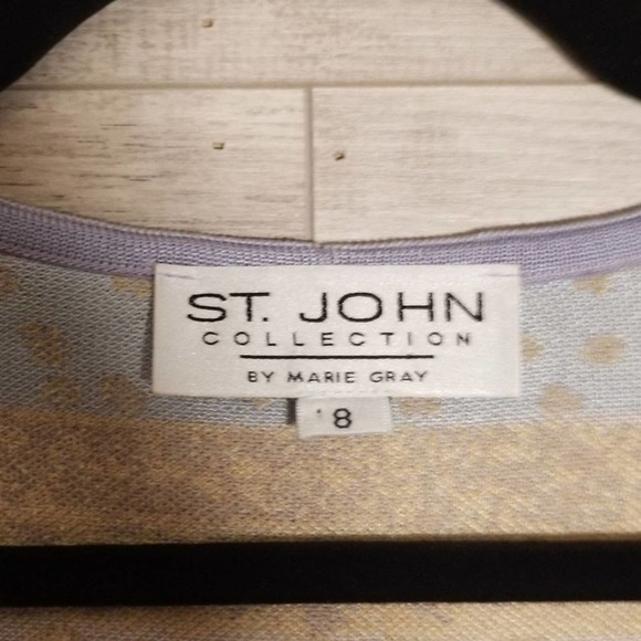 St. John Stripe Pattern V-Neck Knit Button Down Cardigan Sweater Size 8 Tan Blue - Picture 4 of 5